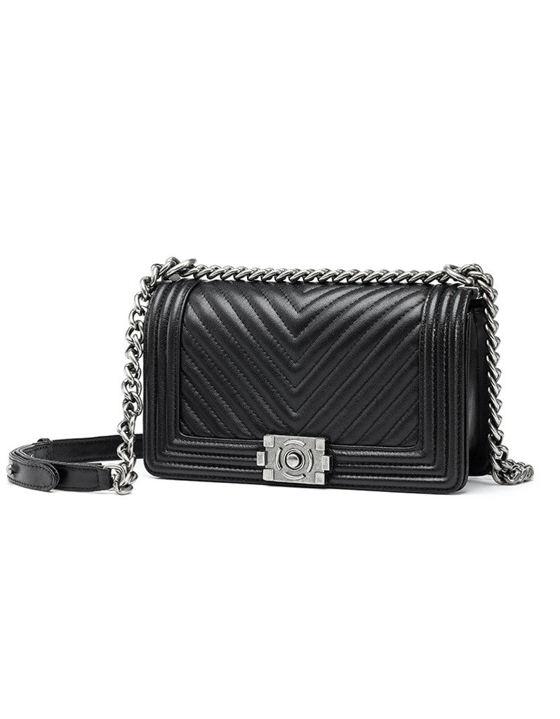 Genuine sheepskin leather chevron quilted design flap handbag