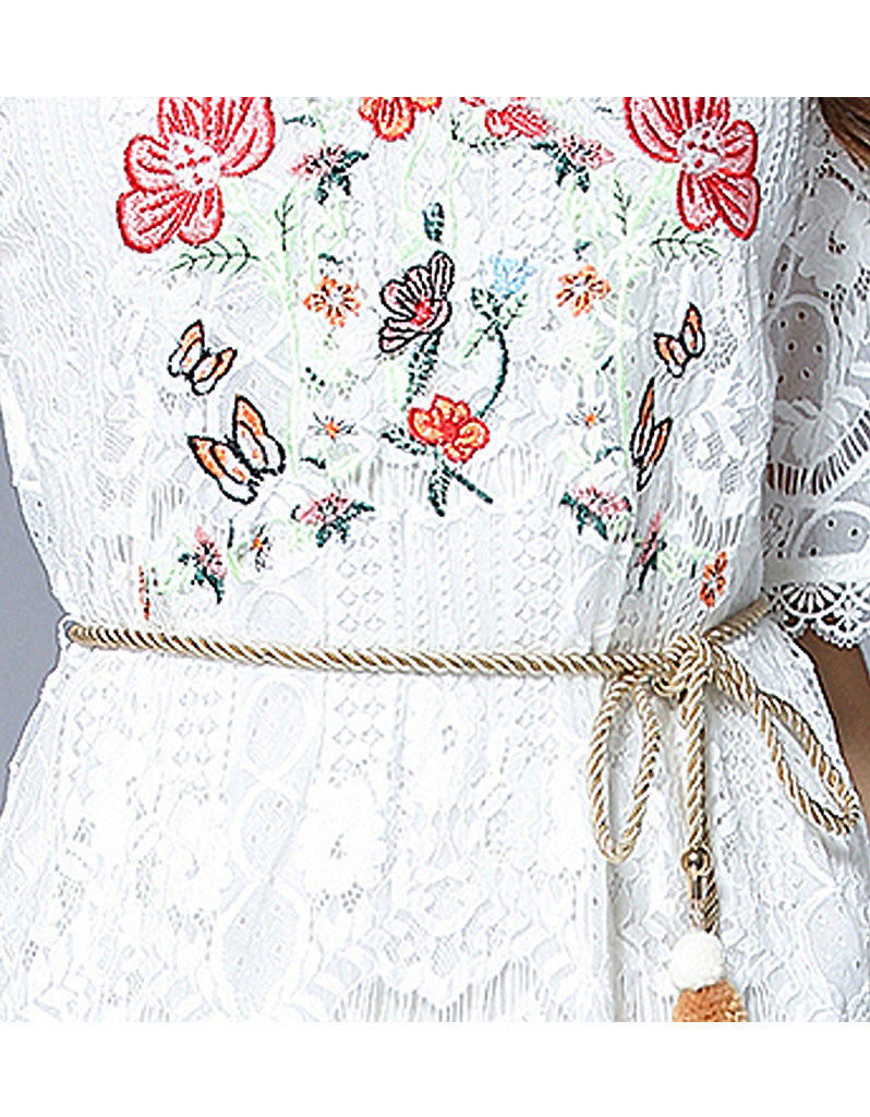 Embroidered bohemian mid-length sleeve lacy long dress