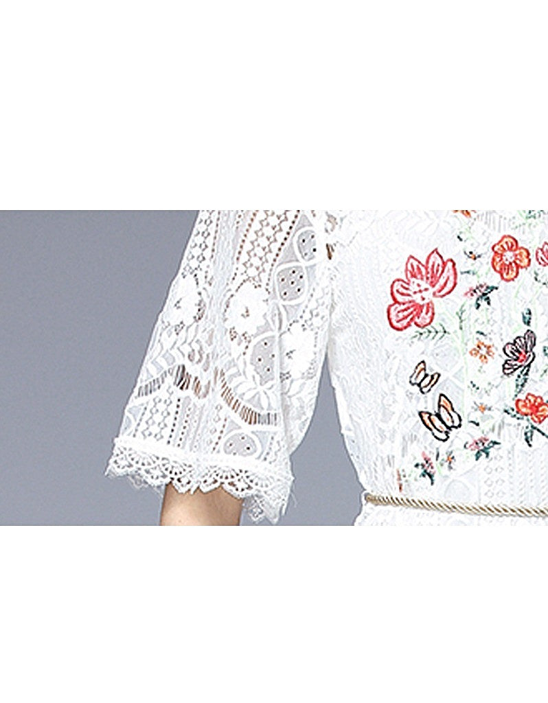 Embroidered bohemian mid-length sleeve lacy long dress