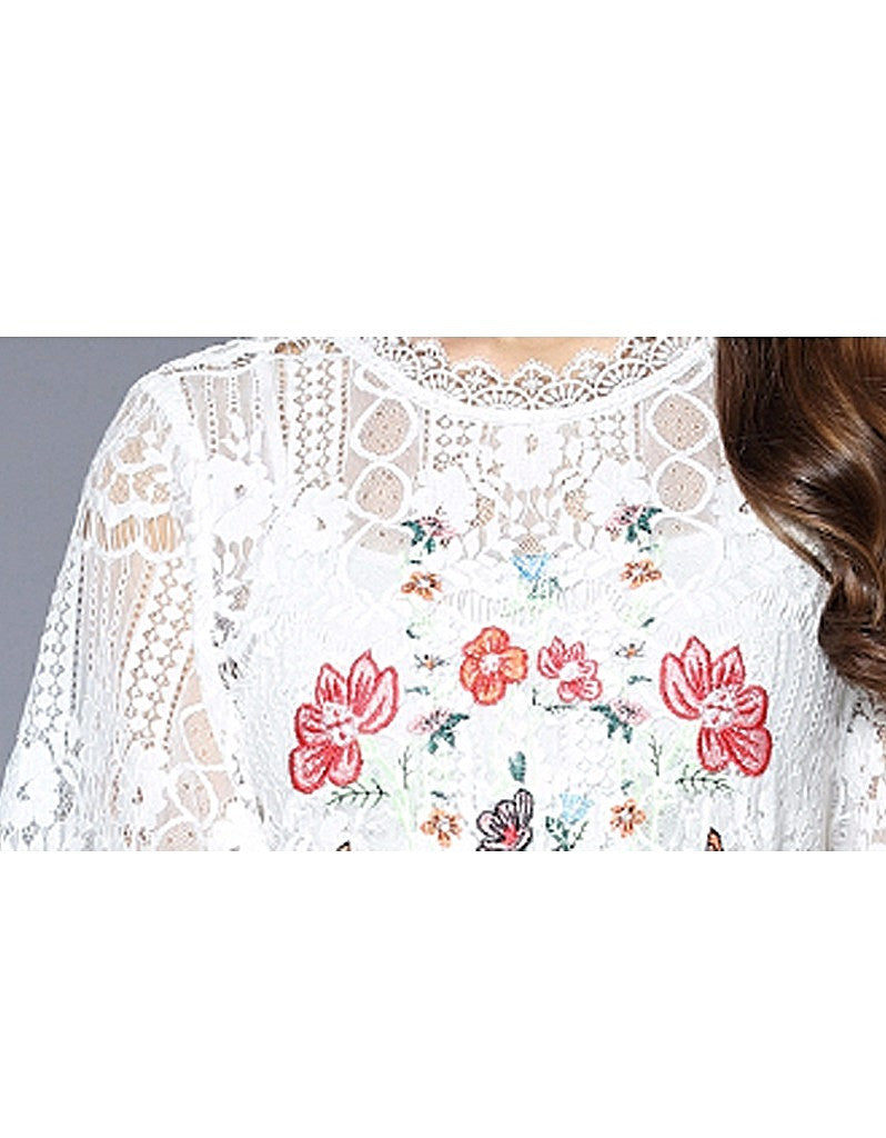 Embroidered bohemian mid-length sleeve lacy long dress