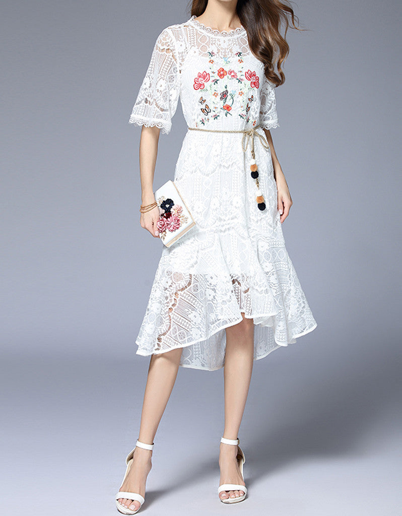 Embroidered bohemian mid-length sleeve lacy long dress