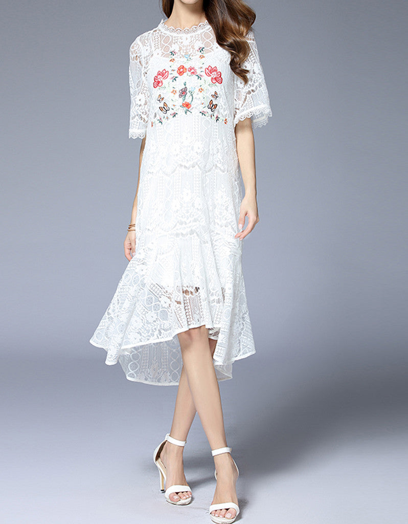 Embroidered bohemian mid-length sleeve lacy long dress