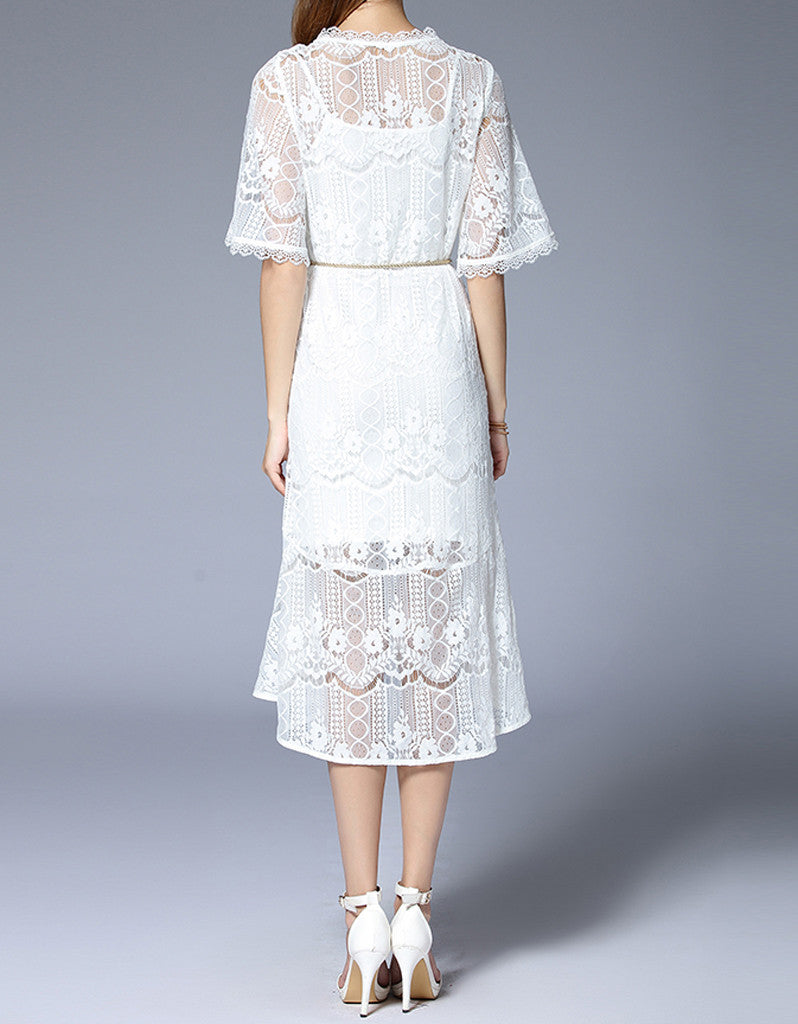 Embroidered bohemian mid-length sleeve lacy long dress