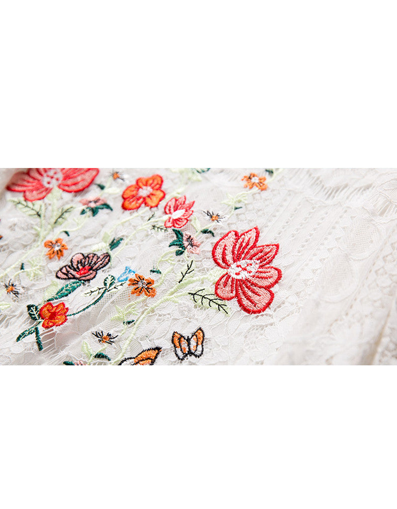 Embroidered bohemian mid-length sleeve lacy long dress