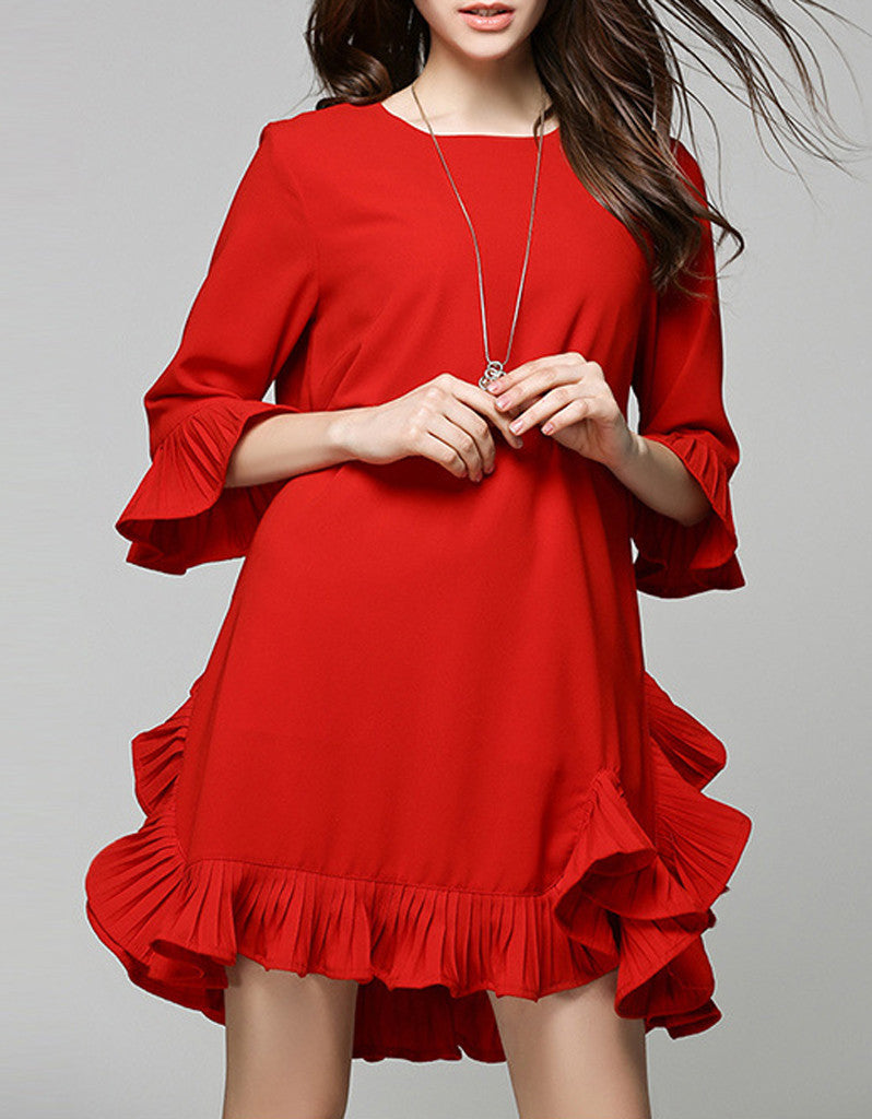 Mid-length sleeved short dress with frills
