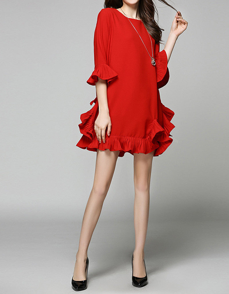 Mid-length sleeved short dress with frills