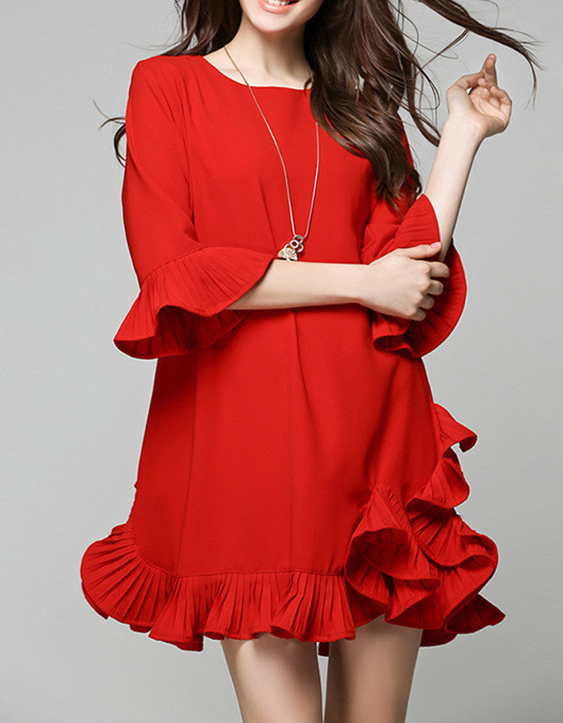 Mid-length sleeved short dress with frills