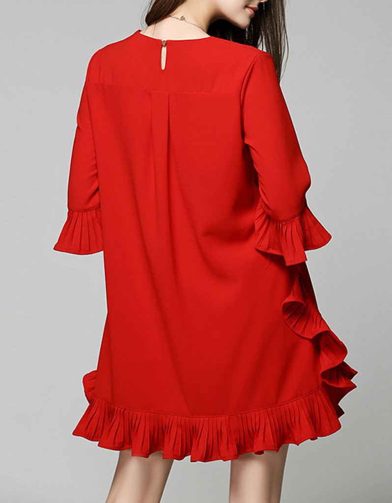 Mid-length sleeved short dress with frills