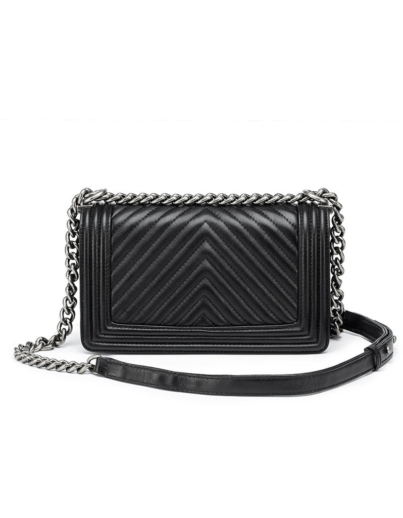 Genuine sheepskin leather chevron quilted design flap handbag