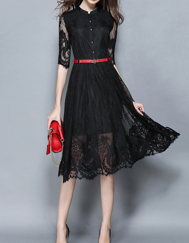 Mid-length sleeve laced A-line mid-length dress (More colours)