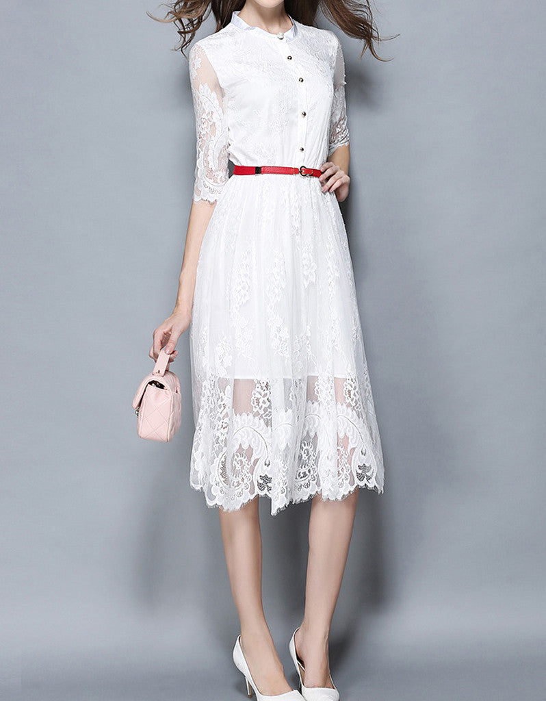 Mid-length sleeve laced A-line mid-length dress (More colours)