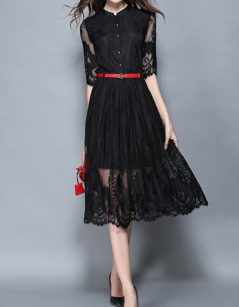 Mid-length sleeve laced A-line mid-length dress (More colours)