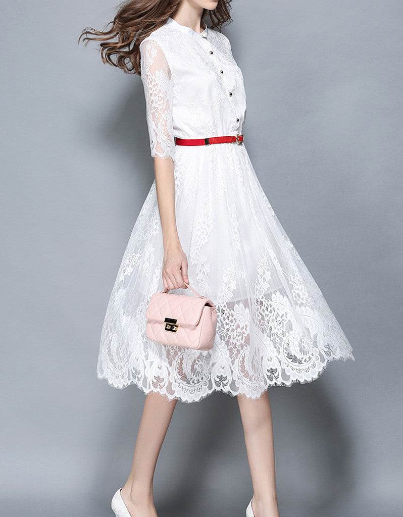 Mid-length sleeve laced A-line mid-length dress (More colours)