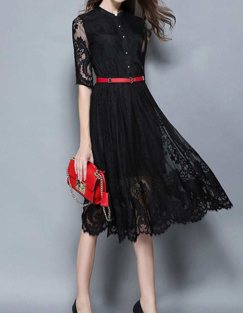 Mid-length sleeve laced A-line mid-length dress (More colours)