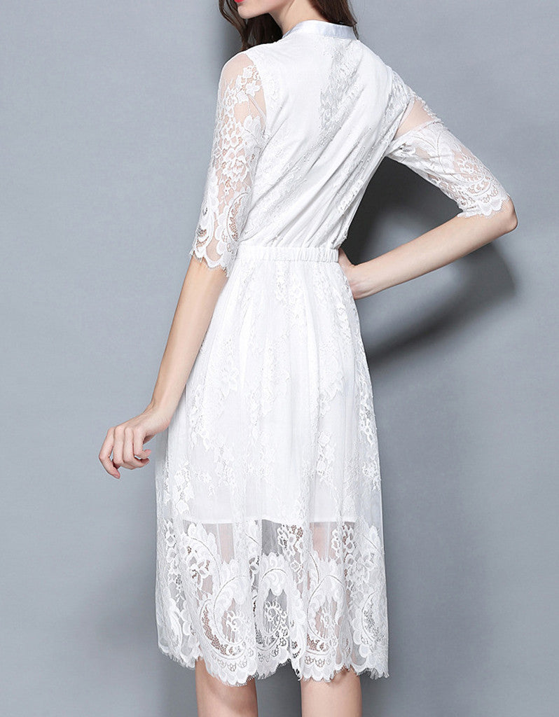 Mid-length sleeve laced A-line mid-length dress (More colours)