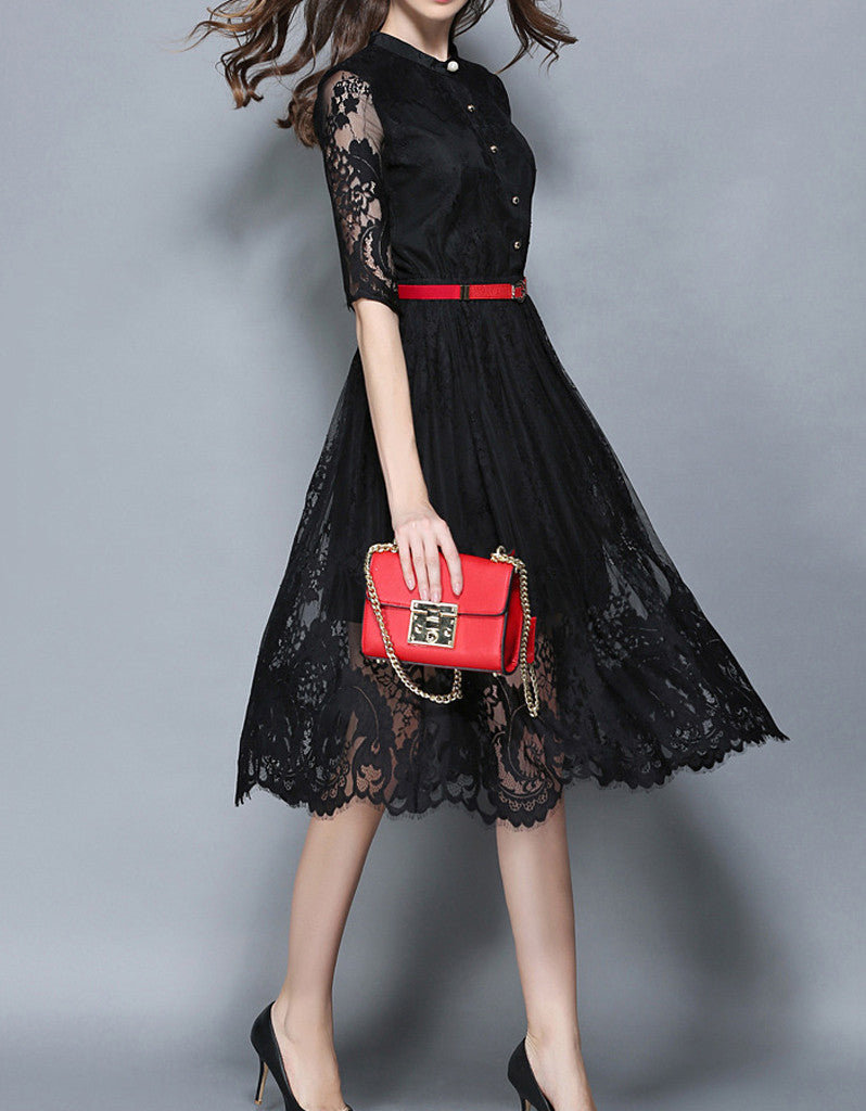 Mid-length sleeve laced A-line mid-length dress (More colours)