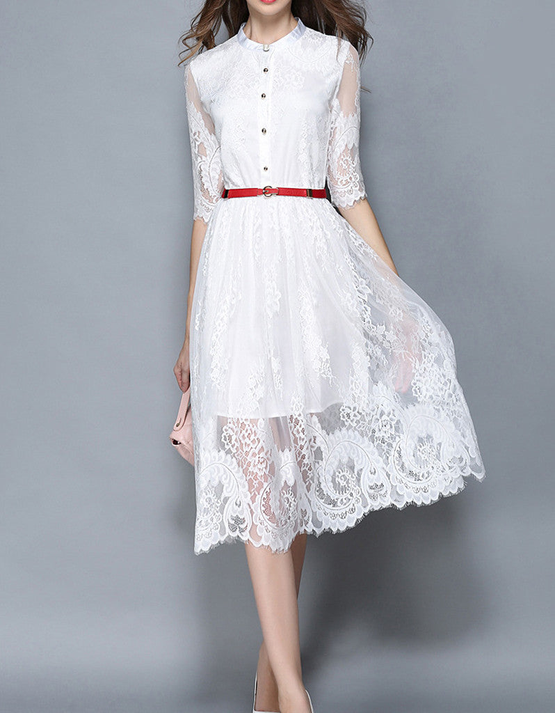 Mid-length sleeve laced A-line mid-length dress (More colours)