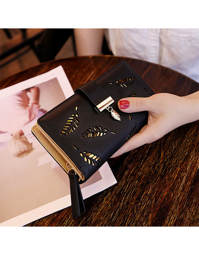 2-fold PU leather long wallet with laser-cut leaf design (more colours)