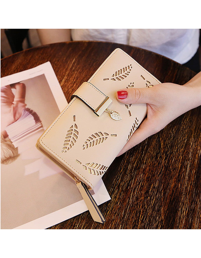 2-fold PU leather long wallet with laser-cut leaf design (more colours)