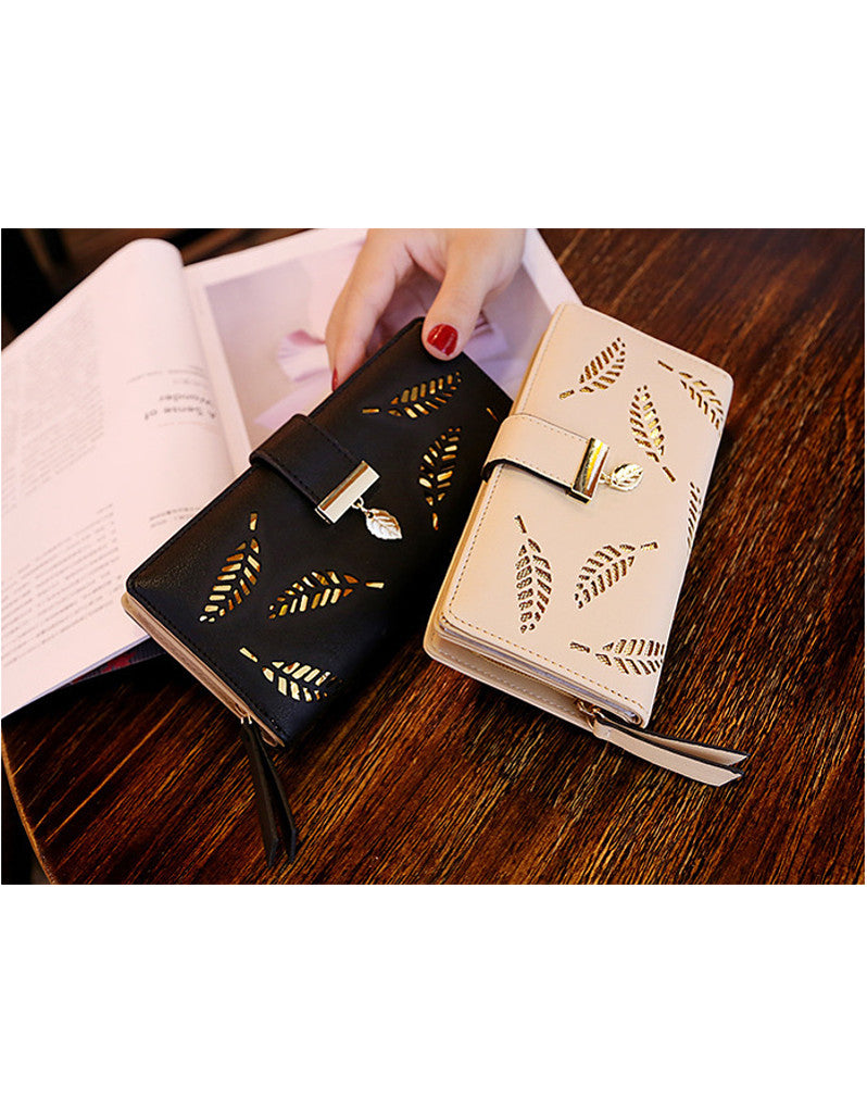 2-fold PU leather long wallet with laser-cut leaf design (more colours)