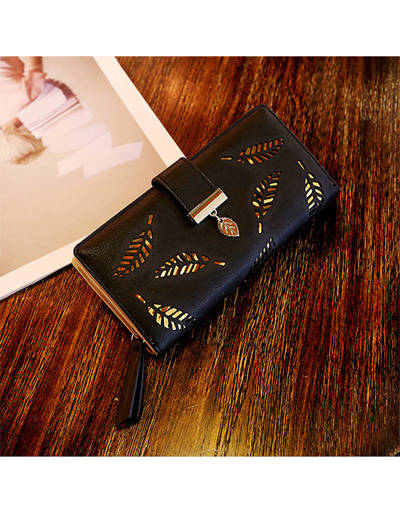 2-fold PU leather long wallet with laser-cut leaf design (more colours)