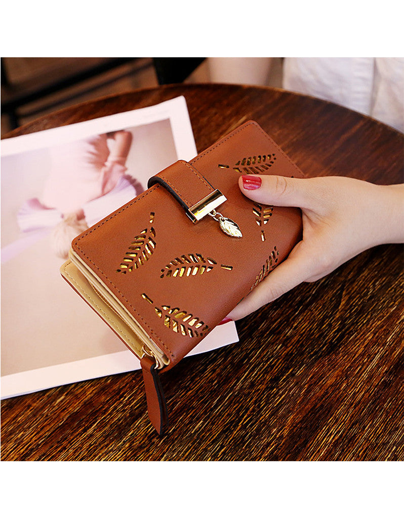 2-fold PU leather long wallet with laser-cut leaf design (more colours)