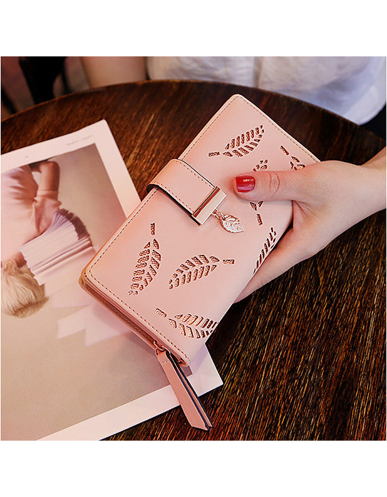 2-fold PU leather long wallet with laser-cut leaf design (more colours)