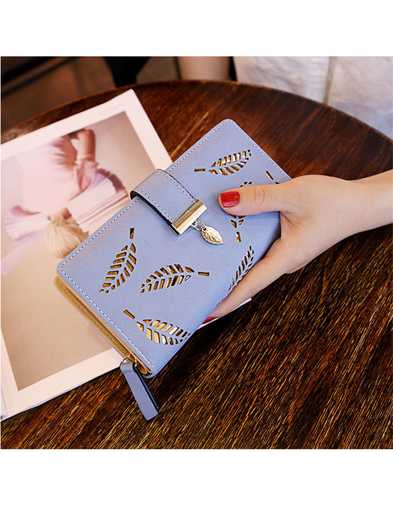 2-fold PU leather long wallet with laser-cut leaf design (more colours)