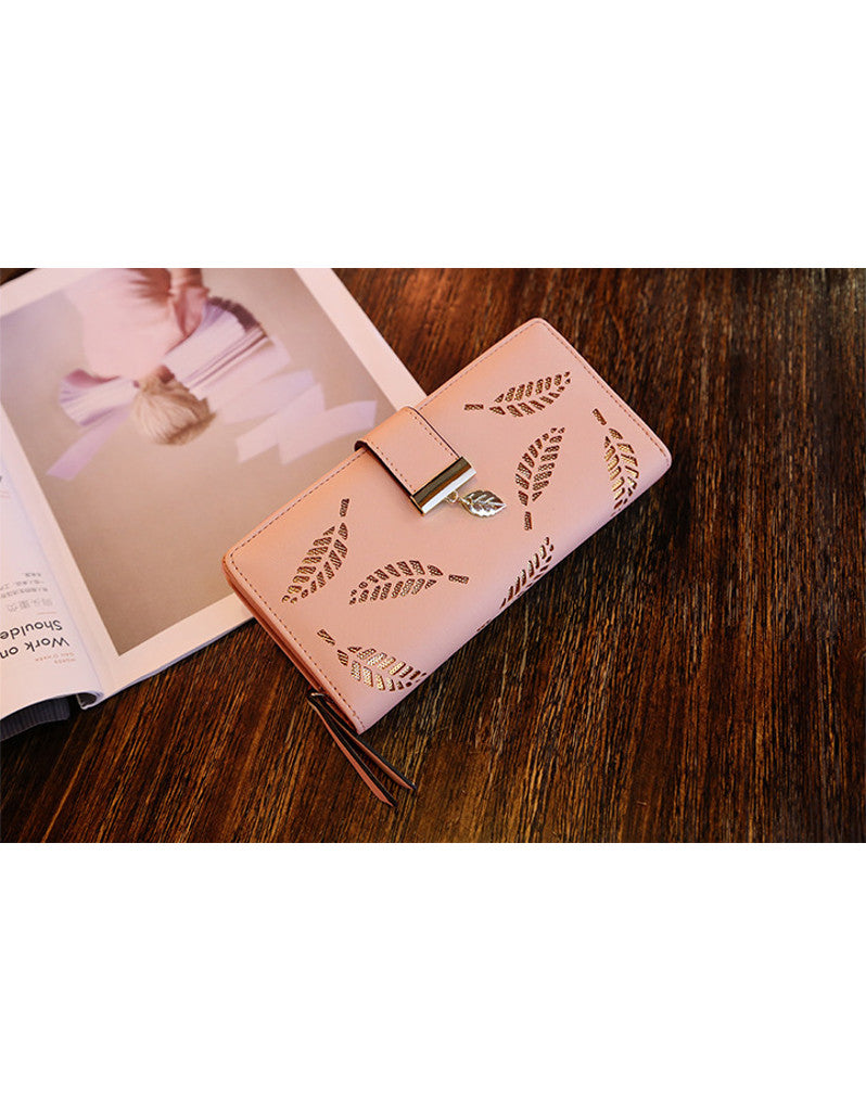 2-fold PU leather long wallet with laser-cut leaf design (more colours)