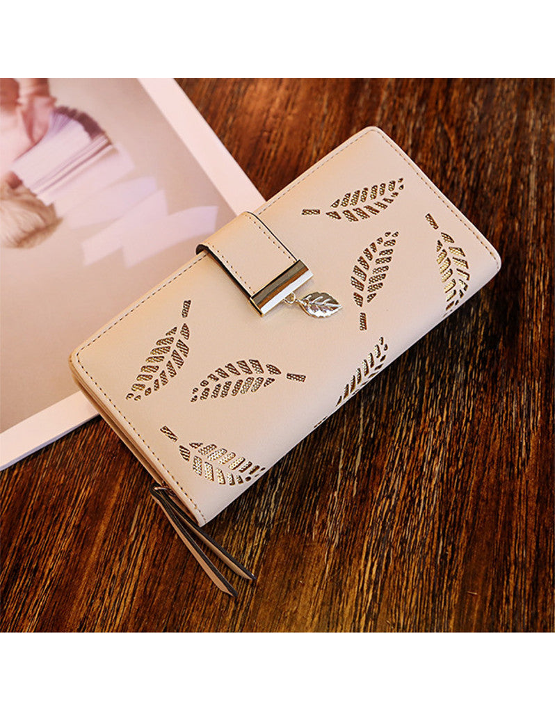 2-fold PU leather long wallet with laser-cut leaf design (more colours)