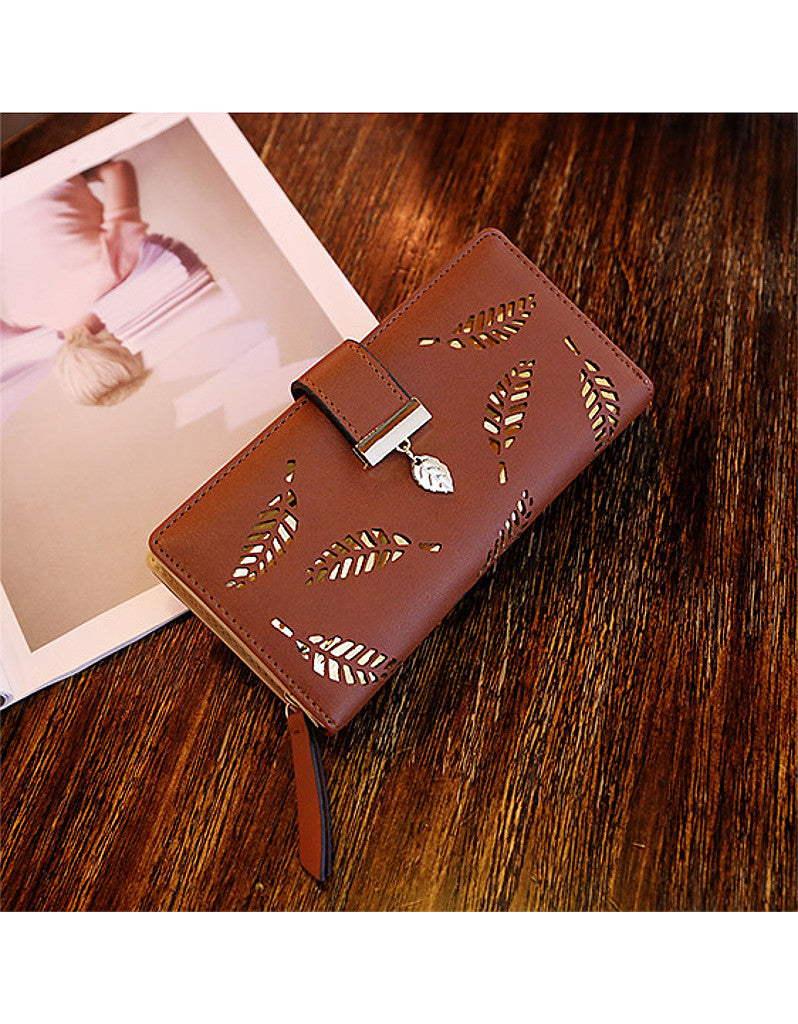 2-fold PU leather long wallet with laser-cut leaf design (more colours)