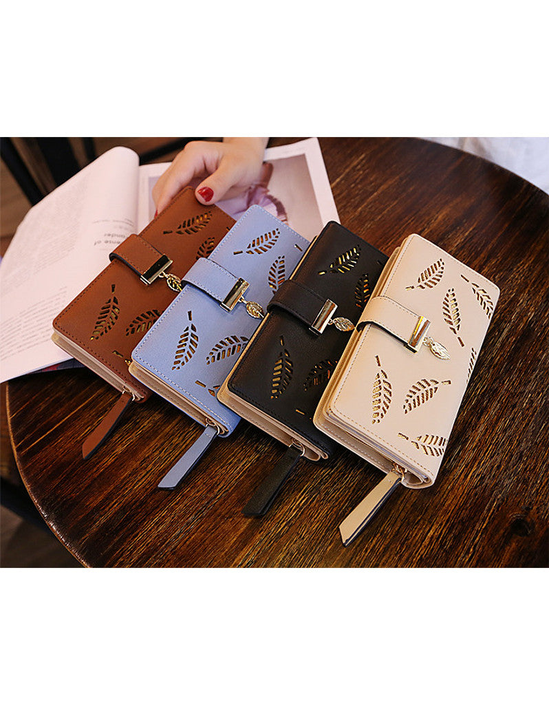 2-fold PU leather long wallet with laser-cut leaf design (more colours)
