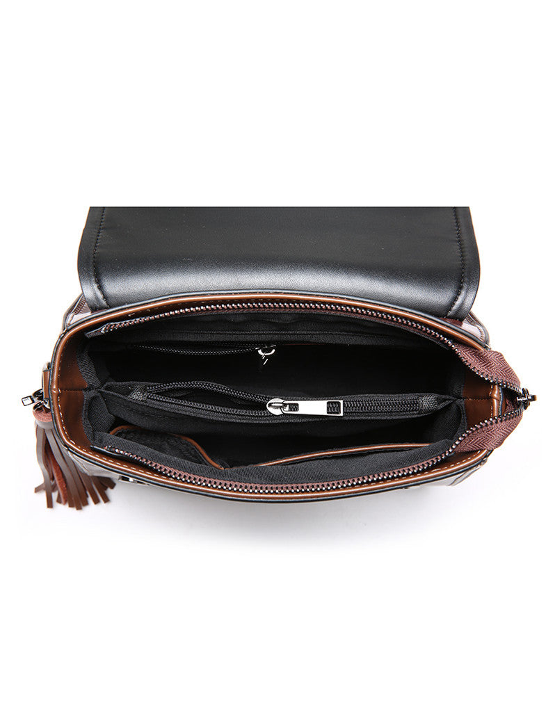 Genuine leather shoulder bag with front flap and tassle (more colours)