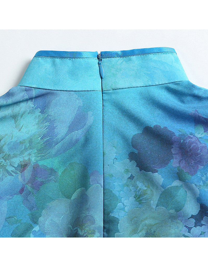 Short sleeve printed short tailored cheongsam