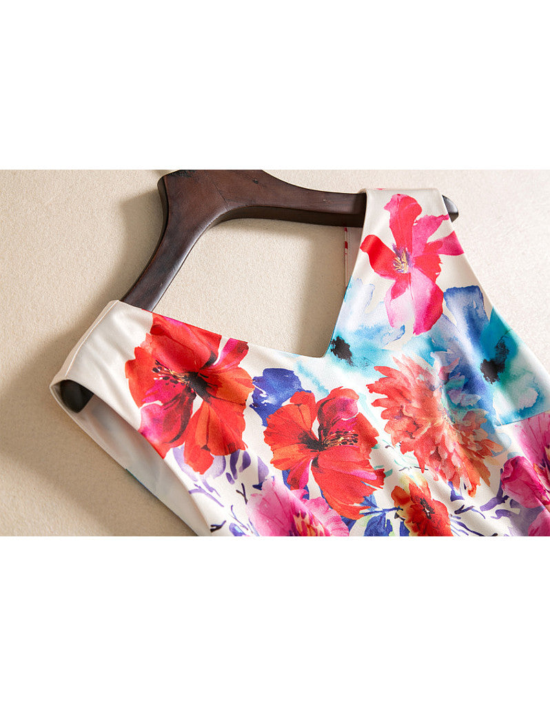 Sleeveless A-line printed v-neck floral short dress