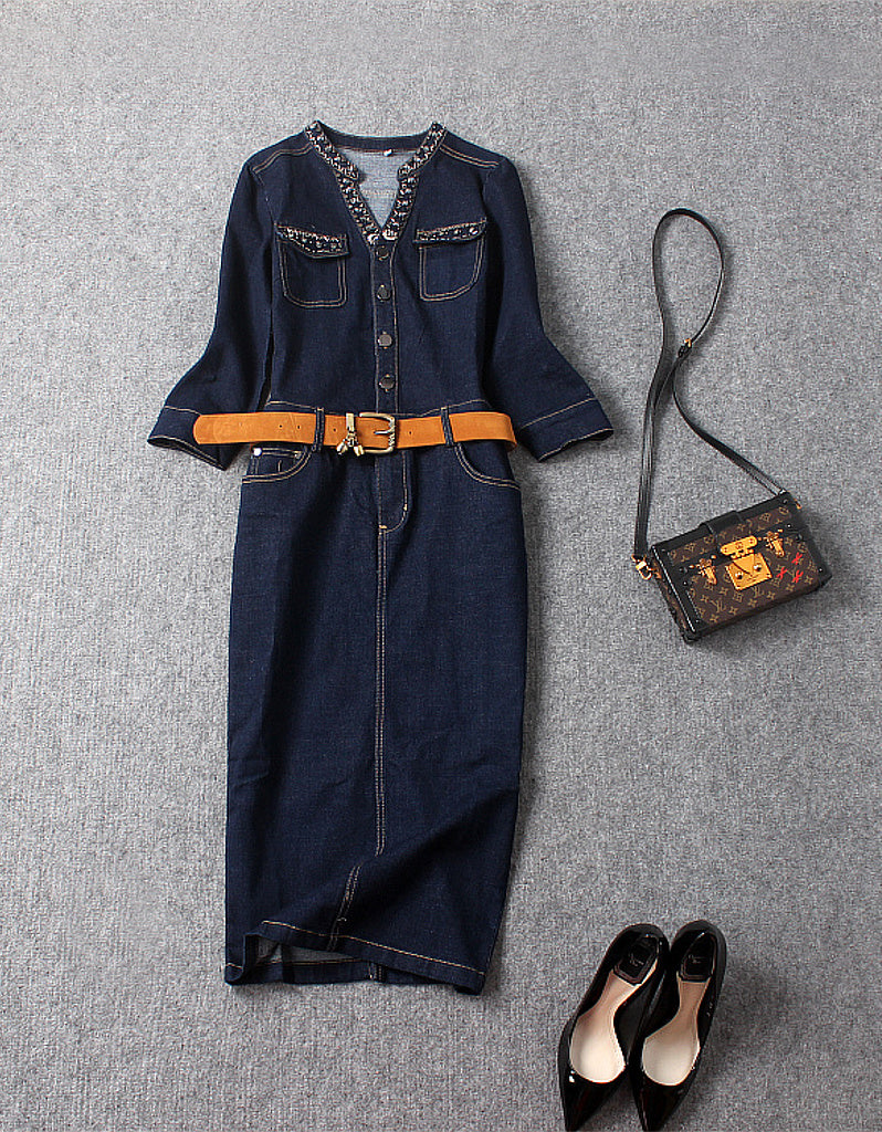 Embellished mid-length sleeve tailored denim mid-length dress