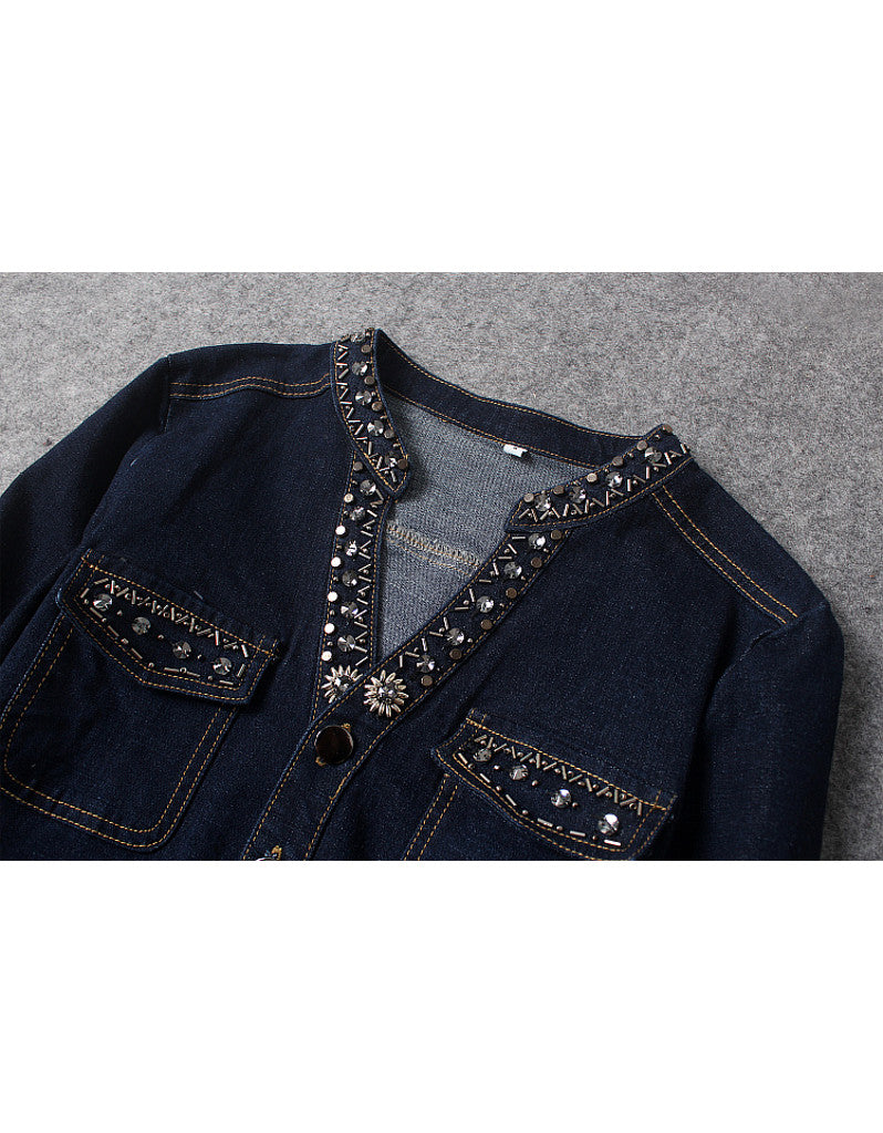 Embellished mid-length sleeve tailored denim mid-length dress