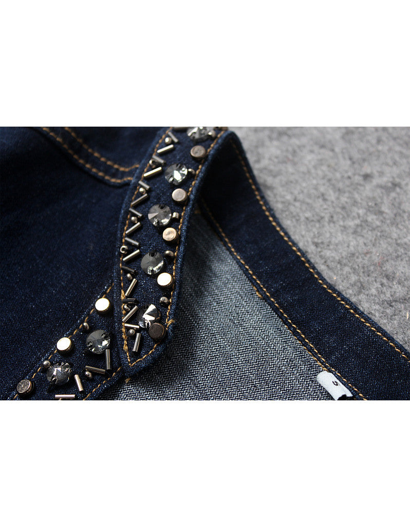 Embellished mid-length sleeve tailored denim mid-length dress