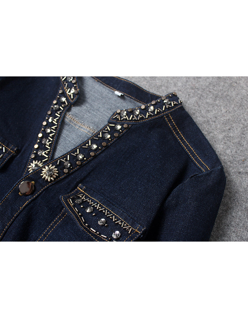 Embellished mid-length sleeve tailored denim mid-length dress