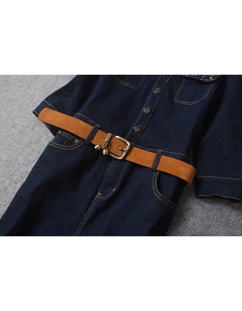 Embellished mid-length sleeve tailored denim mid-length dress