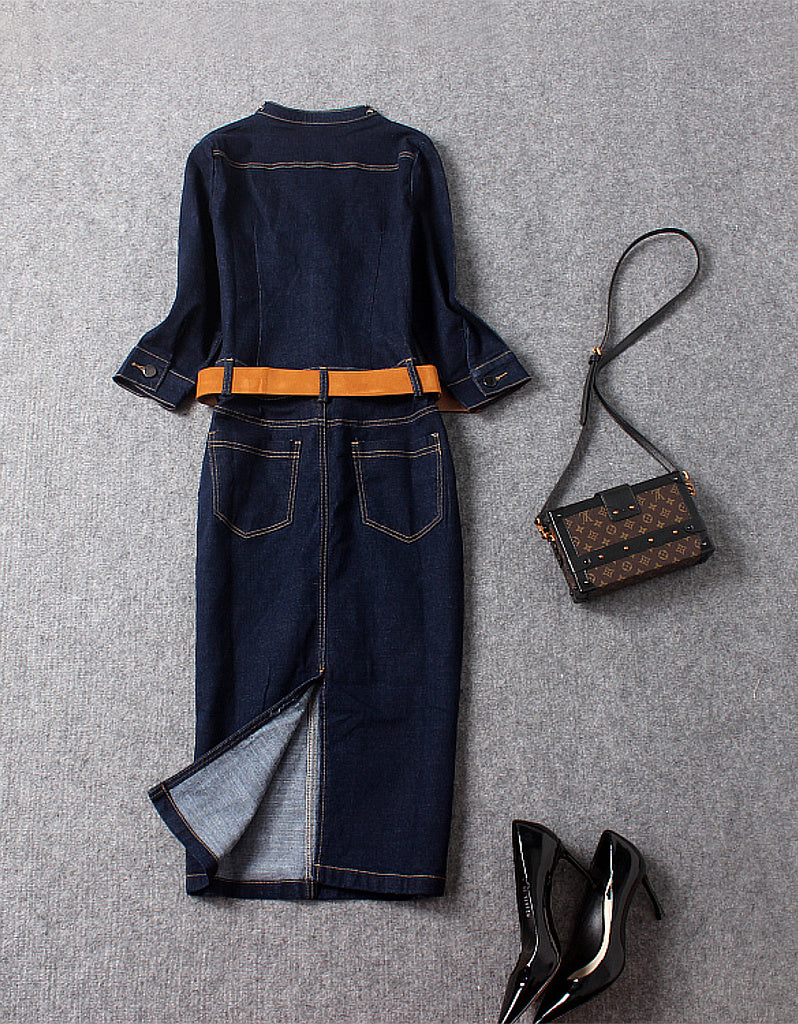 Embellished mid-length sleeve tailored denim mid-length dress