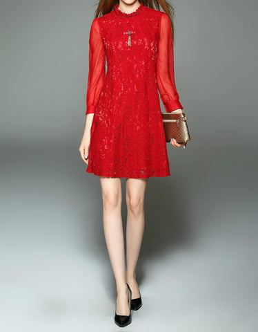 Long sleeve mid-length dress with embroidery and chiffon