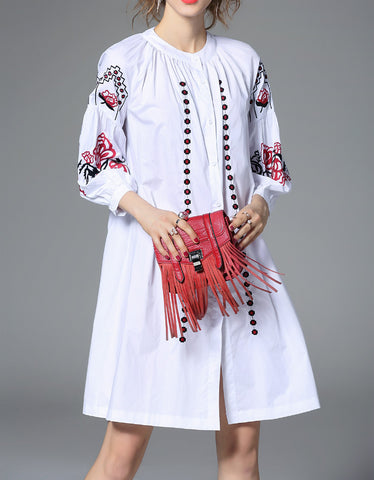 3/4 sleeve dress with front embroidery