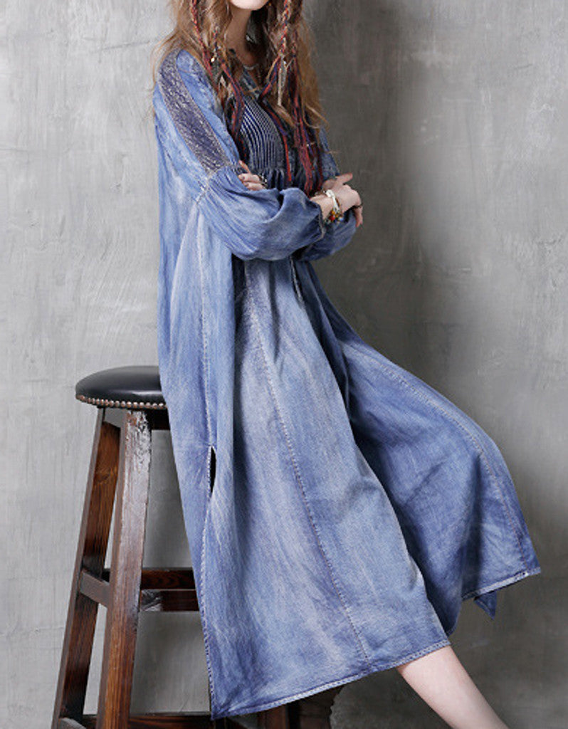 Long sleeve side-slit denim dress