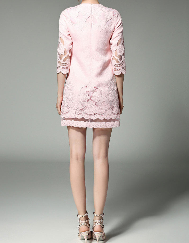 Mid-length sleeve with cut-out embroidery and lace short dress (More colours)
