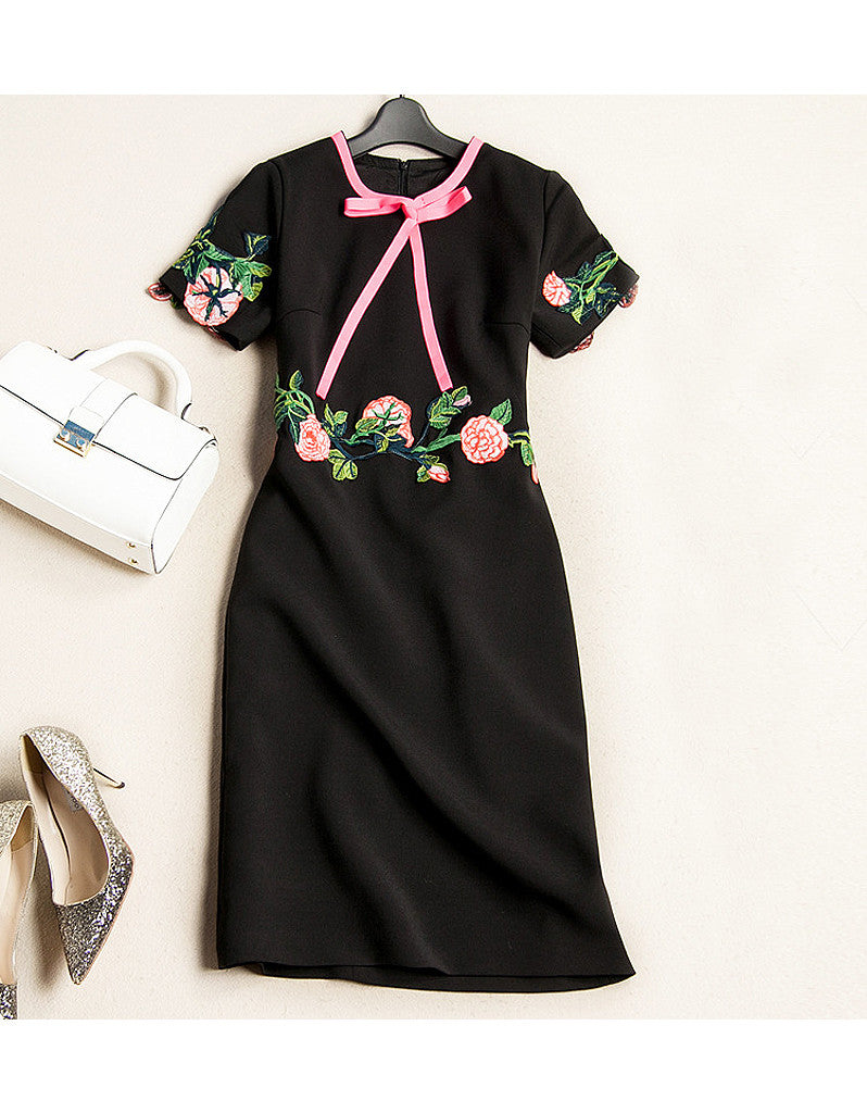Short sleeve embroidered tailored mid-length dress (More colours)