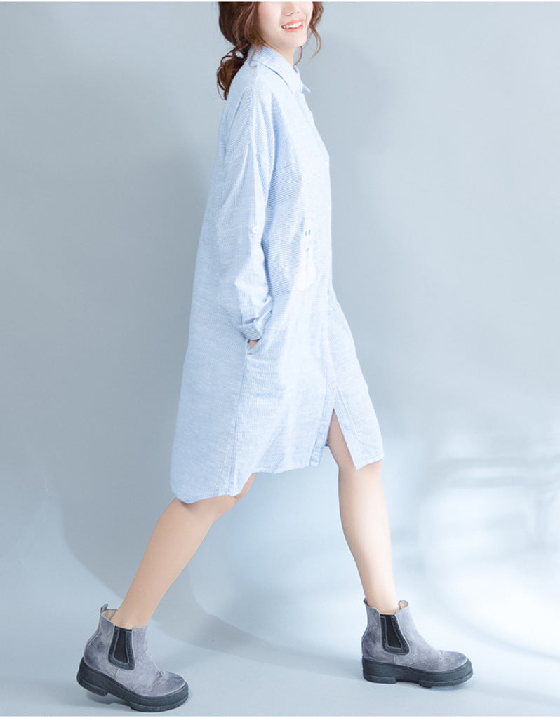 Oversized long sleeved striped shirt dress with kitty picture