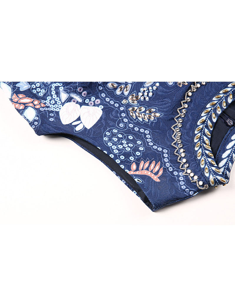 Sleeveless beaded, embroidered & printed short dress with rhinestones