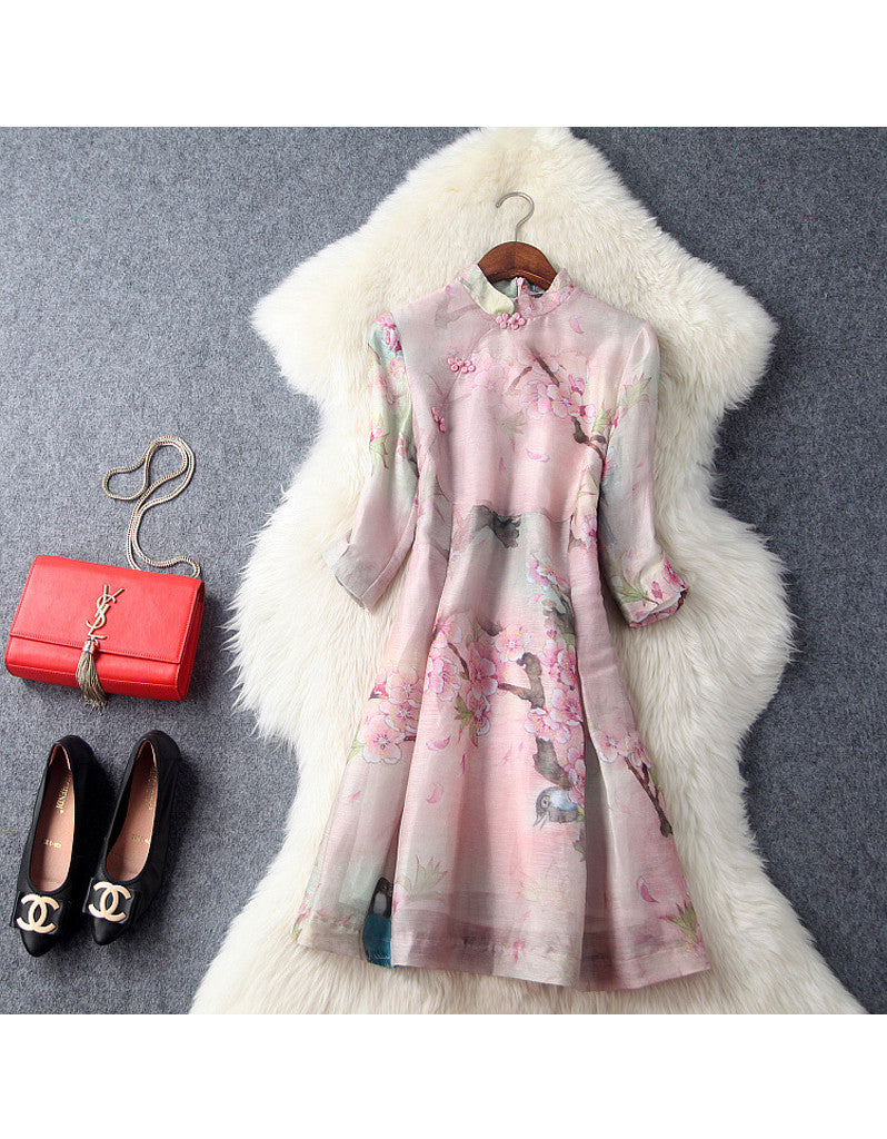 Mid-length sleeve A-line printed cheongsum