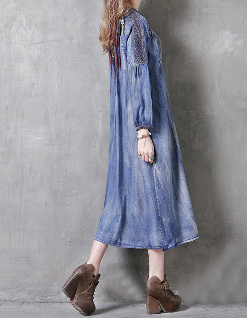 Long sleeve side-slit denim dress